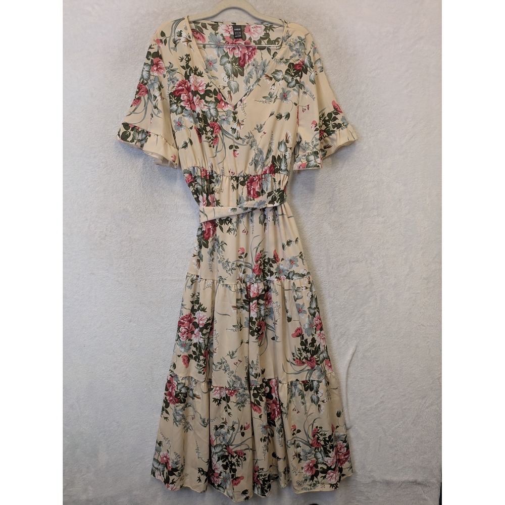 SHEIN Maxi Dress Women's XL Beige Floral V-Neck‎ Ruffle Sleeve Tiered Boho